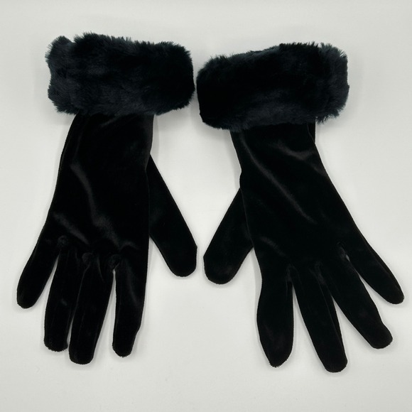 VTG Liz Claiborne Women Black Velvet Gloves Faux Fur Cuff Elegant Party Occasion - Picture 2 of 8